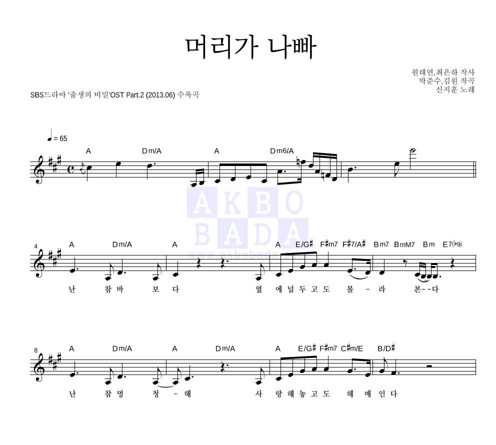 신지훈 - 머리가 나빠 멜로디 악보 