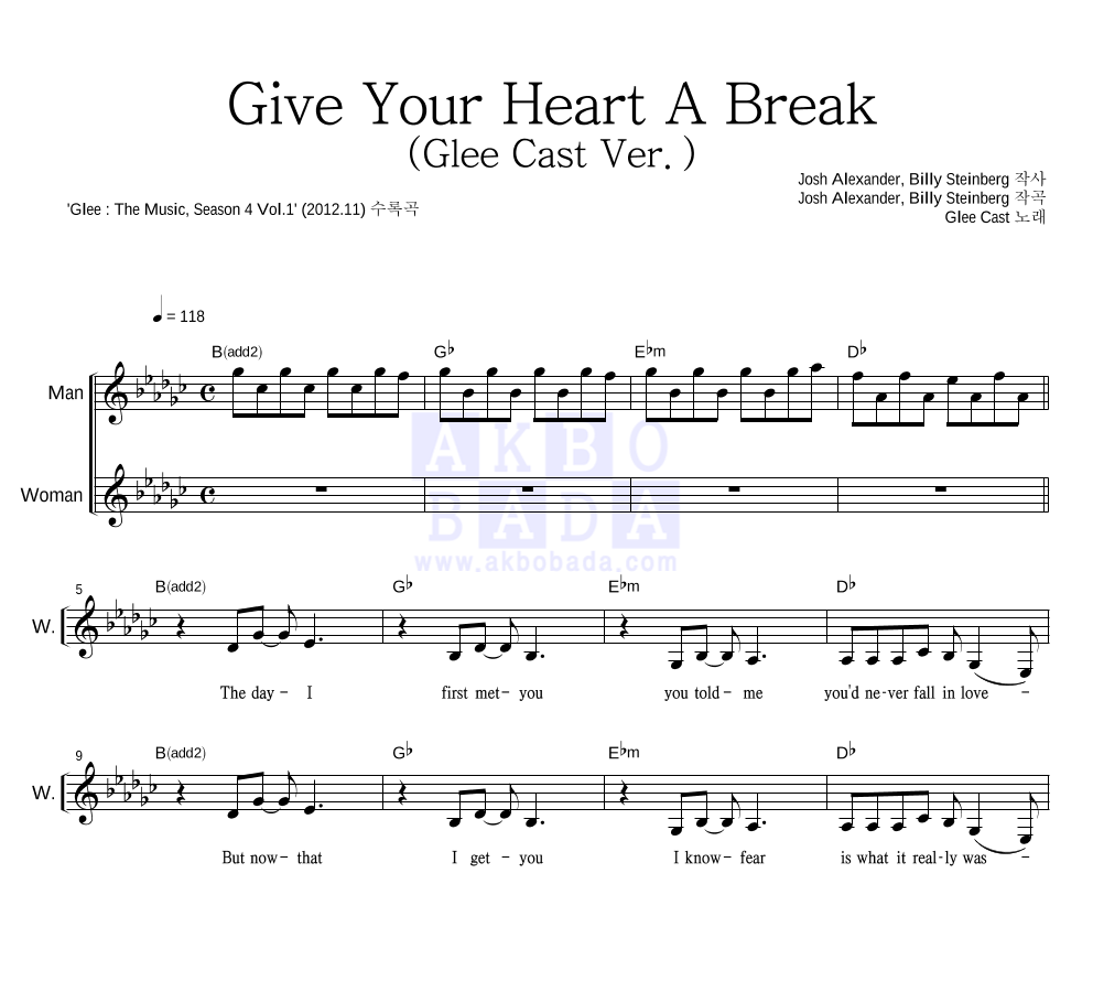 Glee Cast - Give Your Heart A Break (Glee Cast Ver.) 듀엣 악보 