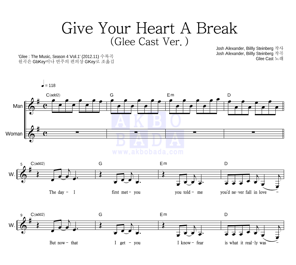 Glee Cast - Give Your Heart A Break (Glee Cast Ver.) 듀엣 악보 