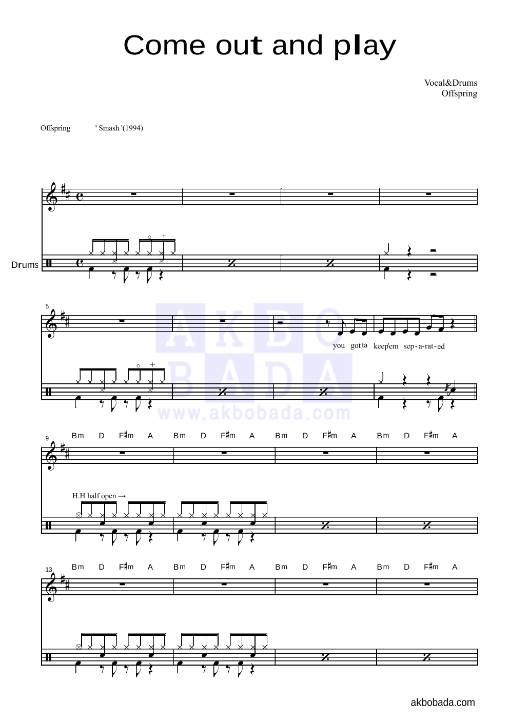 Offspring - Come out and play 드럼 악보 