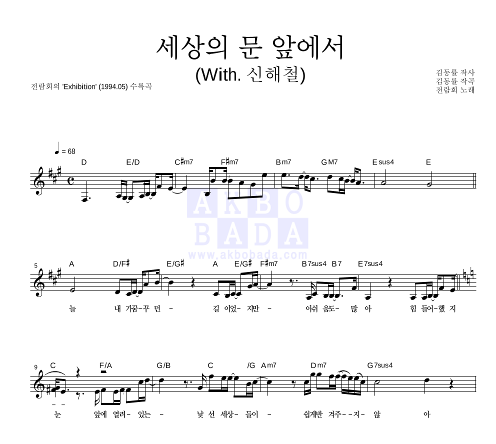 전람회 - 세상의 문 앞에서 (With. 신해철) 멜로디 악보 