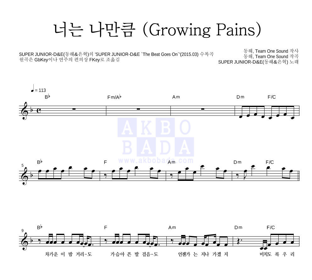 SUPER JUNIOR-D&E(동해,은혁) - 너는 나만큼 (Growing Pains) 멜로디 악보 