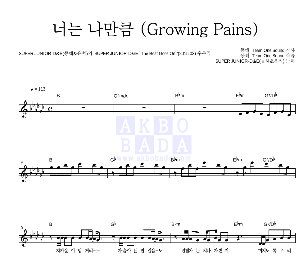 SUPER JUNIOR-D&E(동해,은혁) - 너는 나만큼 (Growing Pains) 멜로디 악보 