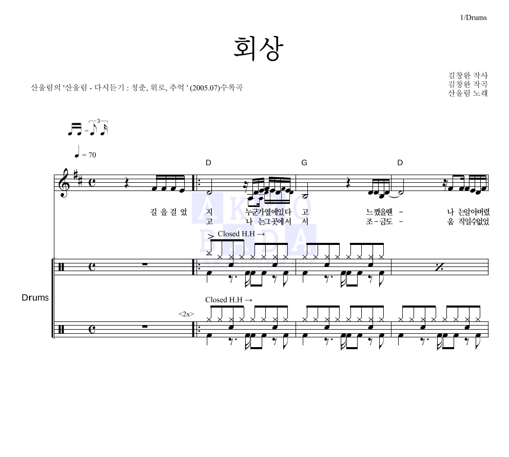 산울림 - 회상 드럼 악보 