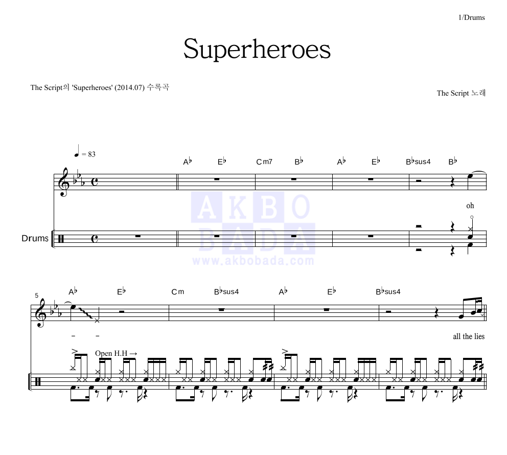 The Script - Superheroes 드럼 악보 