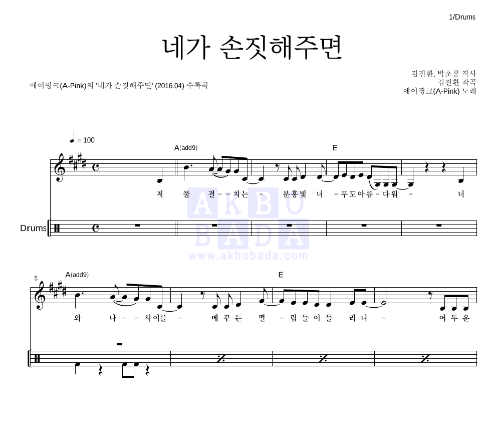 에이핑크 - 네가 손짓해주면 드럼 악보 