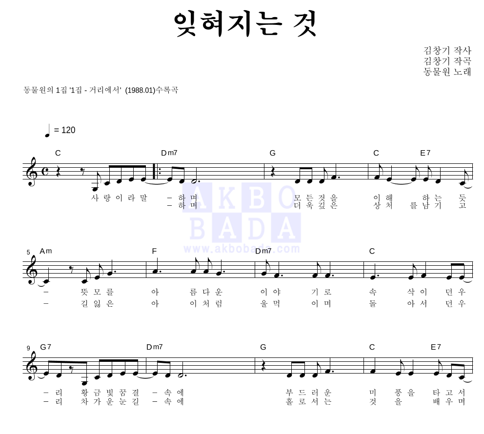 동물원 - 잊혀지는 것 멜로디 악보 