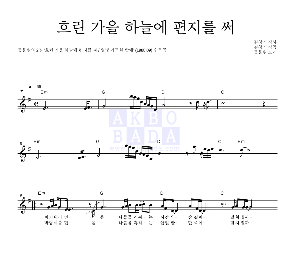 동물원 - 흐린 가을 하늘에 편지를 써 멜로디 악보 