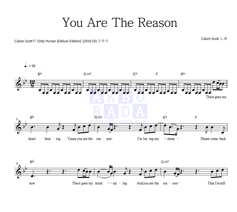 Calum Scott - You Are The Reason 멜로디 악보 