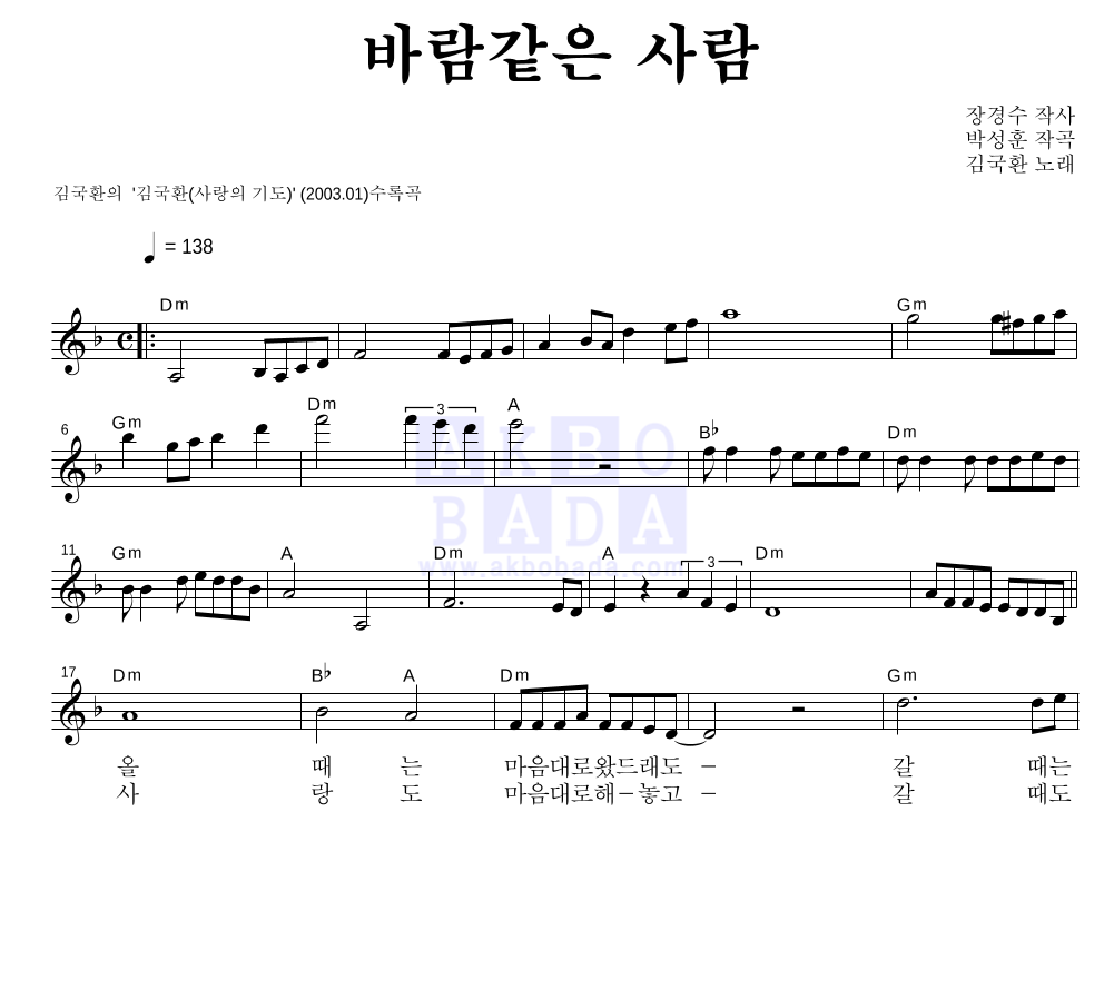 김국환 - 바람같은 사람 멜로디 악보 