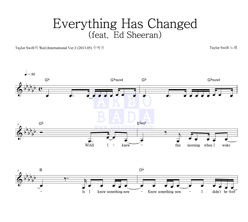 Taylor Swift - Everything Has Changed (feat. Ed Sheeran) 멜로디 악보 