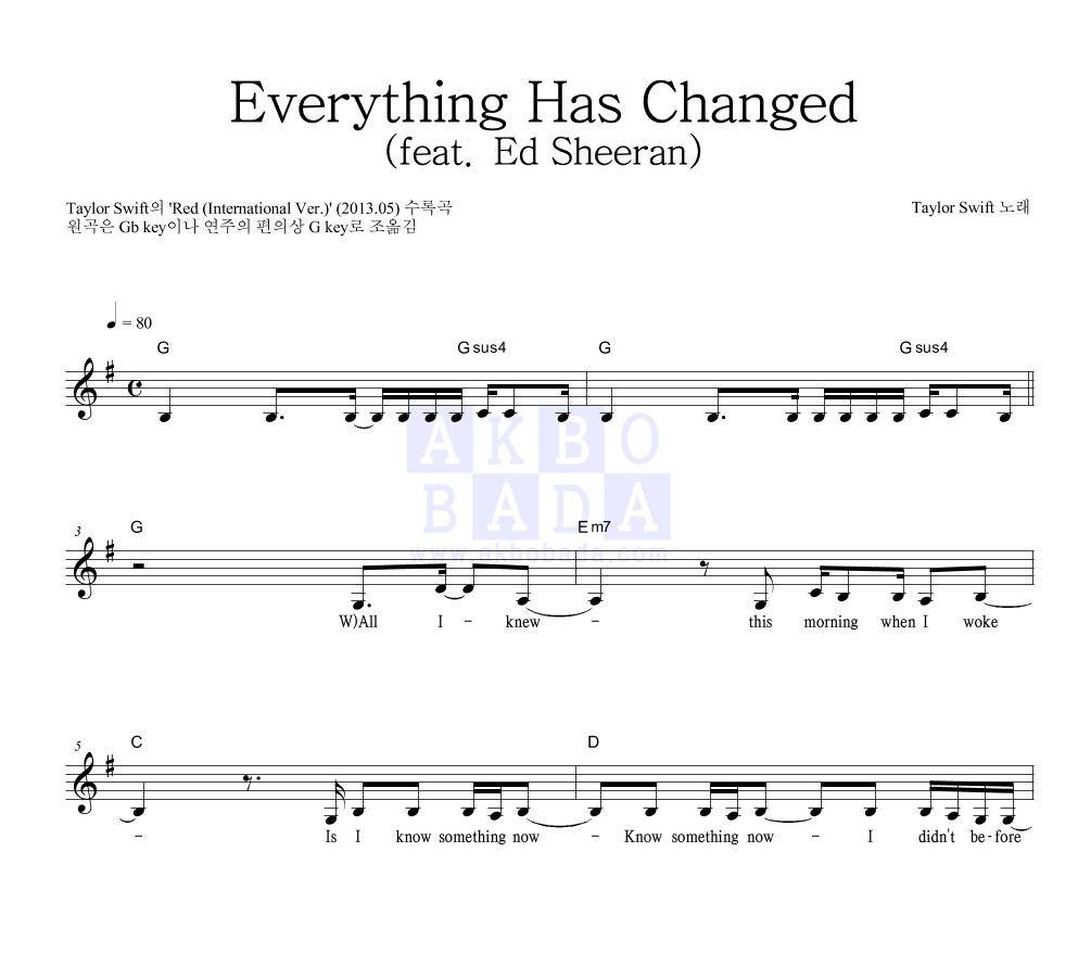 Taylor Swift - Everything Has Changed (feat. Ed Sheeran) 멜로디 악보 