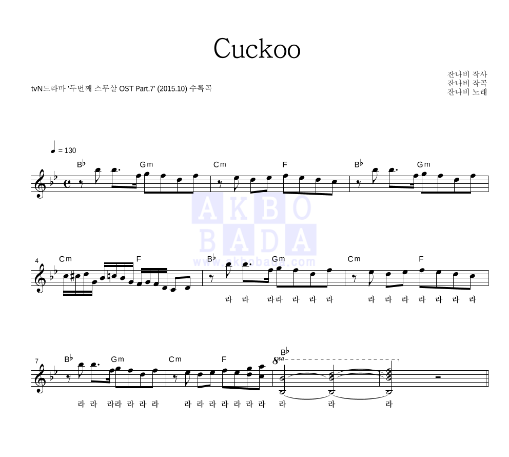 잔나비 - Cuckoo 멜로디 악보 