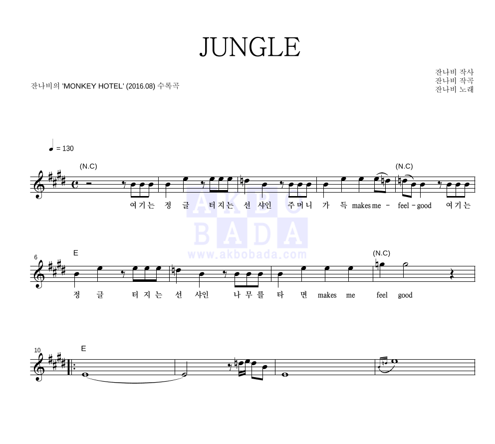 잔나비 - JUNGLE 멜로디 악보 