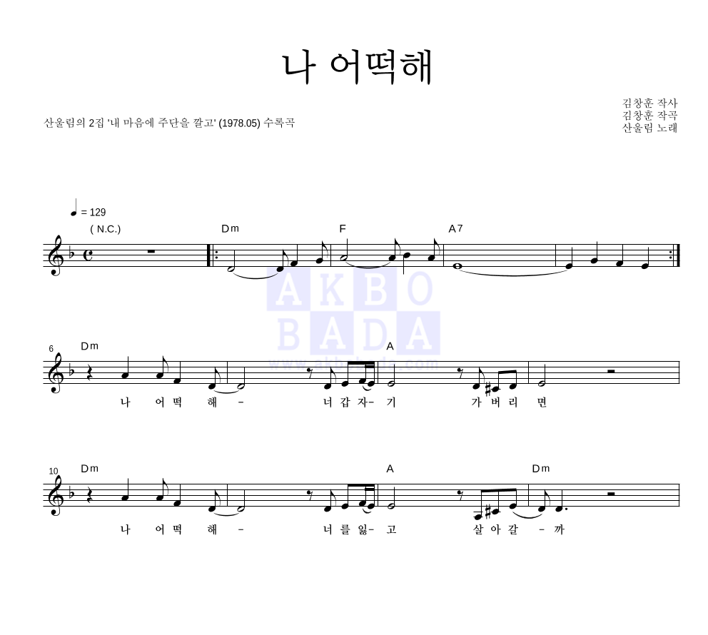 산울림 - 나 어떡해 멜로디 악보 