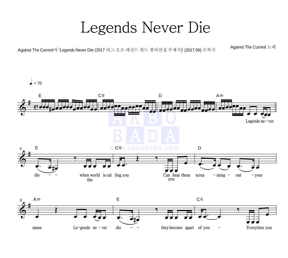 Against The Current - Legends Never Die 멜로디 악보 