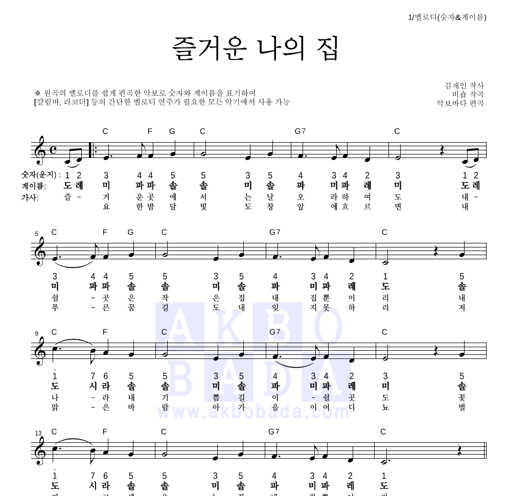 동요 - 즐거운 나의 집 멜로디-숫자&계이름 악보 