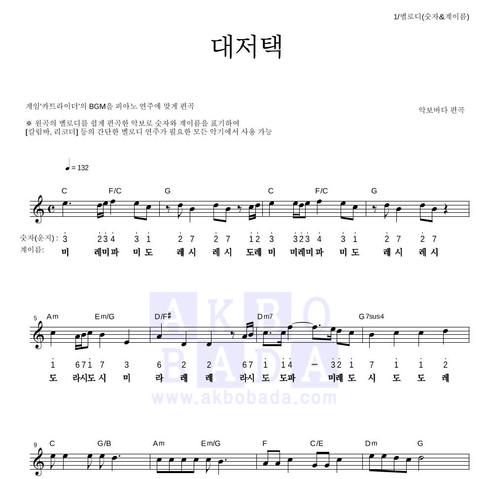 카트라이더 OST - 대저택 멜로디-숫자&계이름 악보 