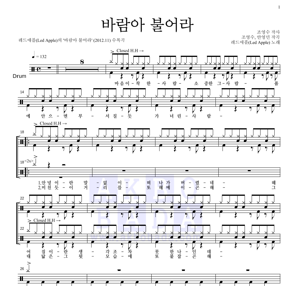 레드애플 - 바람아 불어라 드럼(Tab) 악보 