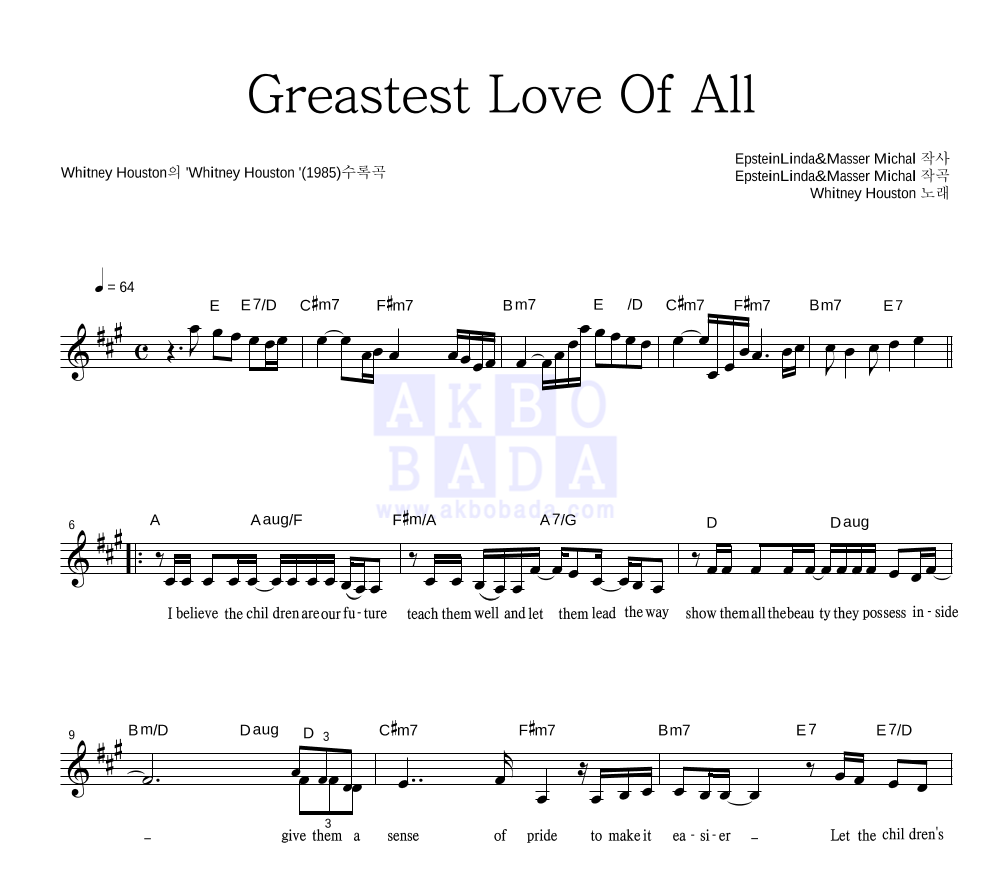 Whitney Houston - Greatest Love Of All 멜로디 악보 