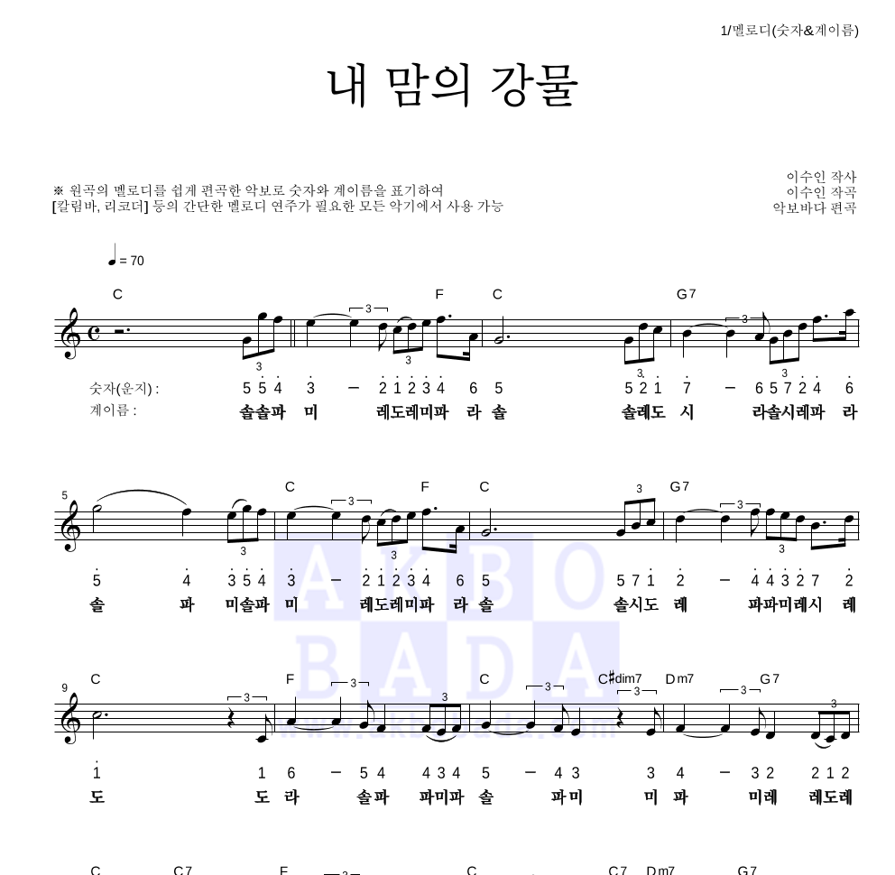 이수인 - 내 맘의 강물 멜로디-숫자&계이름 악보 