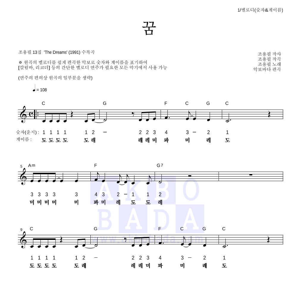 조용필 - 꿈 멜로디-숫자&계이름 악보 