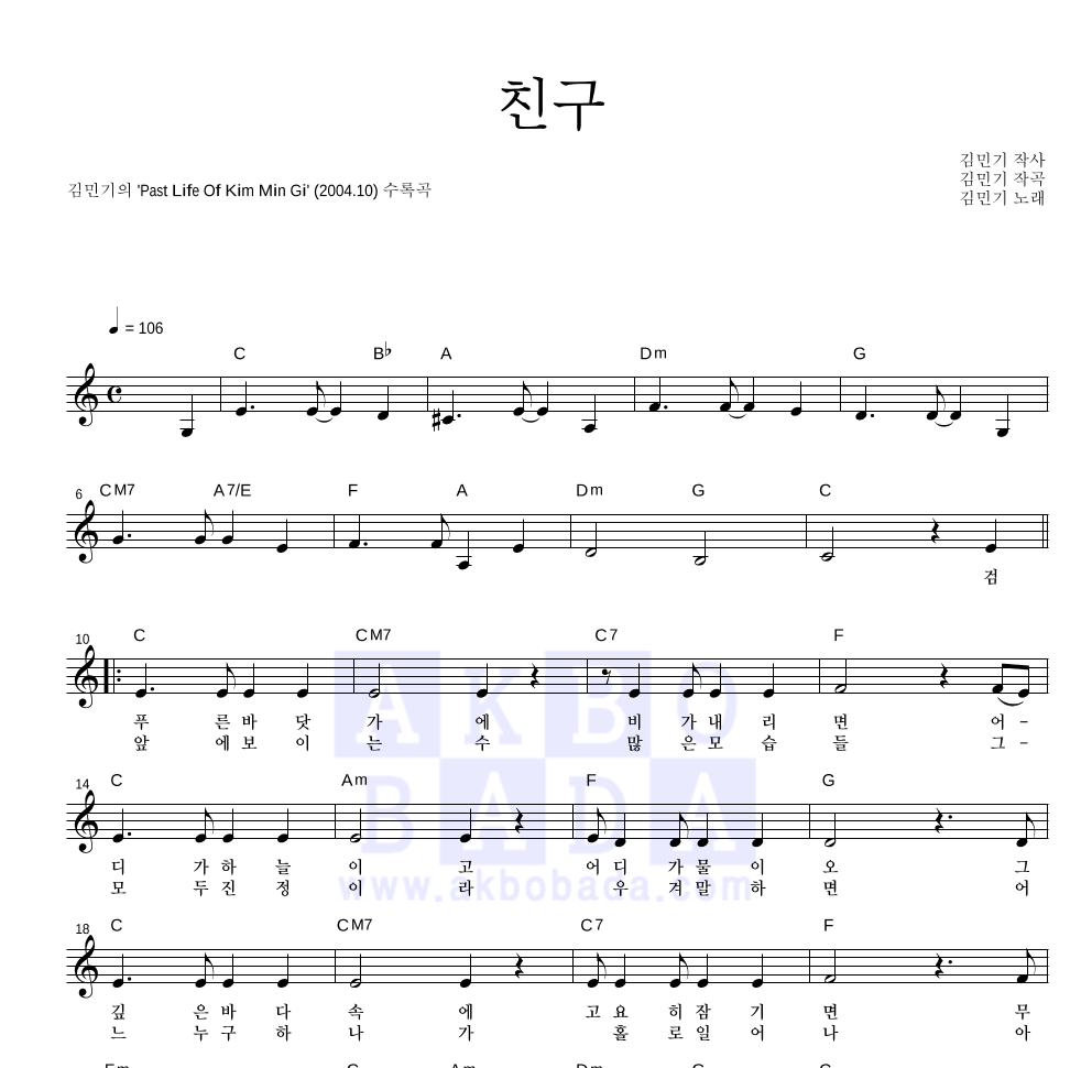 김민기 - 친구 멜로디 악보 