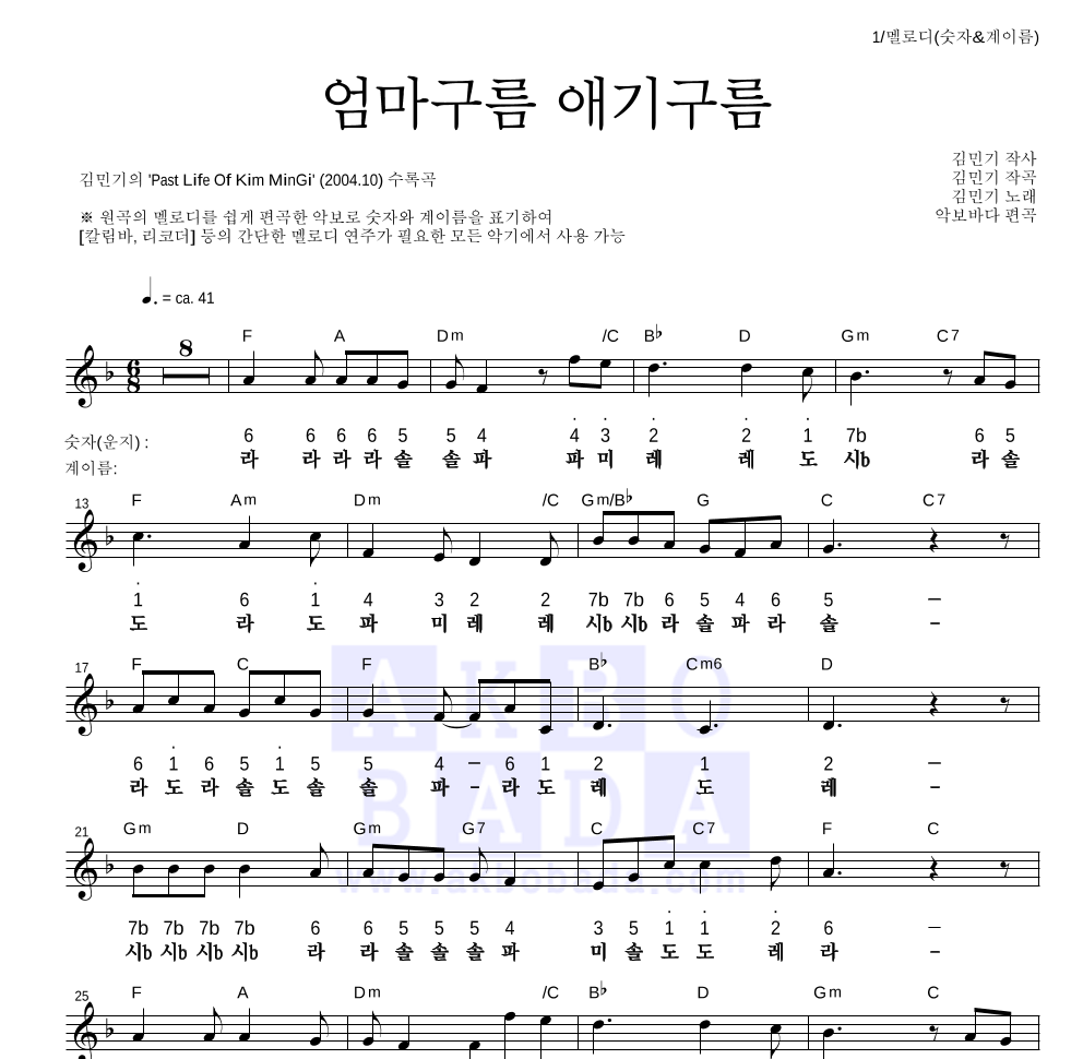 김민기 - 엄마구름 애기구름 멜로디-숫자&계이름 악보 