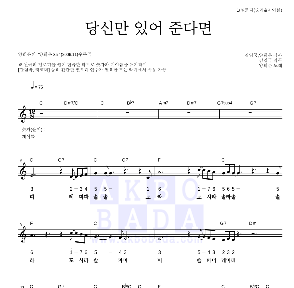 양희은 - 당신만 있어 준다면 멜로디-숫자&계이름 악보 