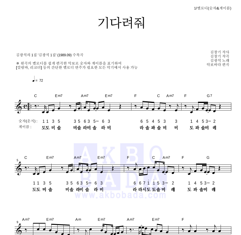 김광석 - 기다려 줘 멜로디-숫자&계이름 악보 