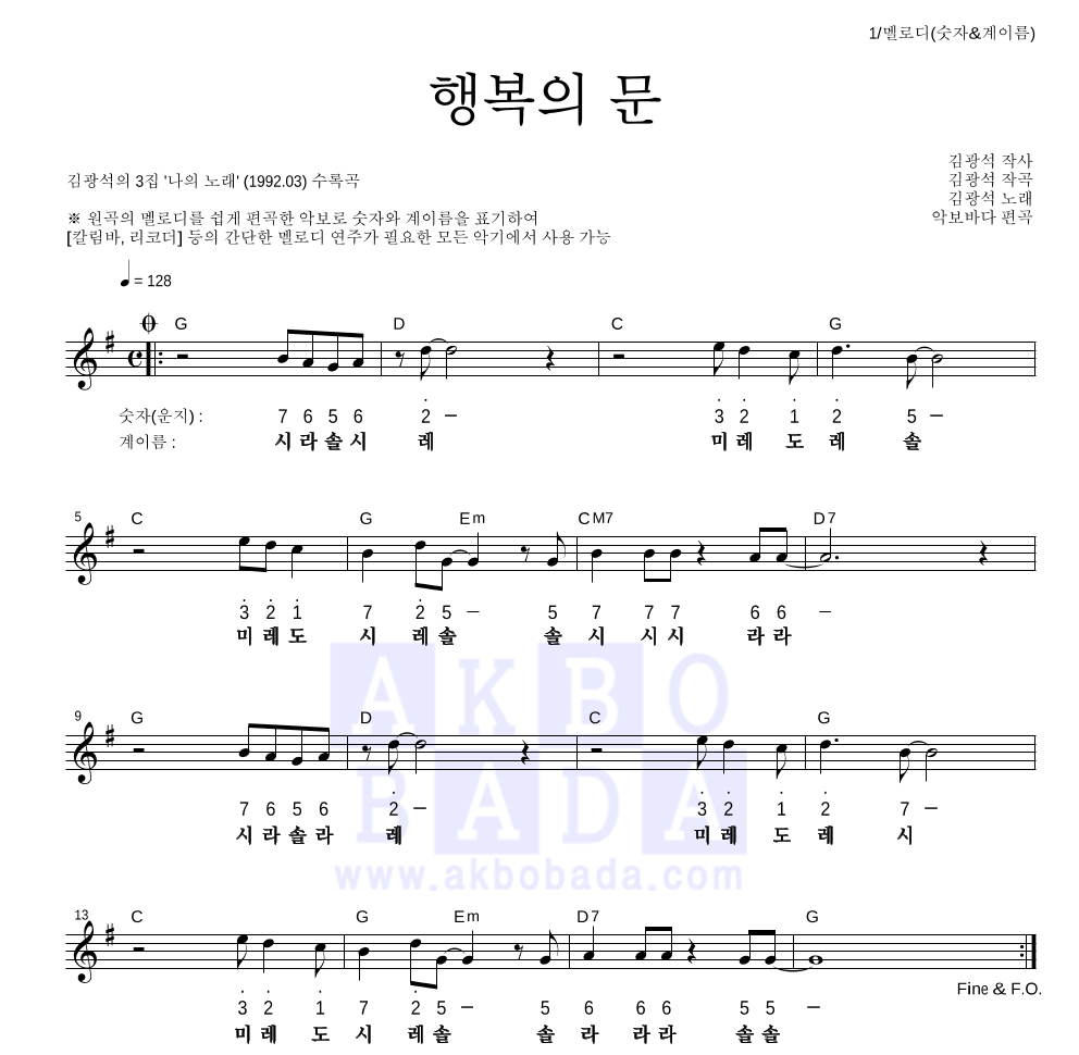 김광석 - 행복의 문 멜로디-숫자&계이름 악보 