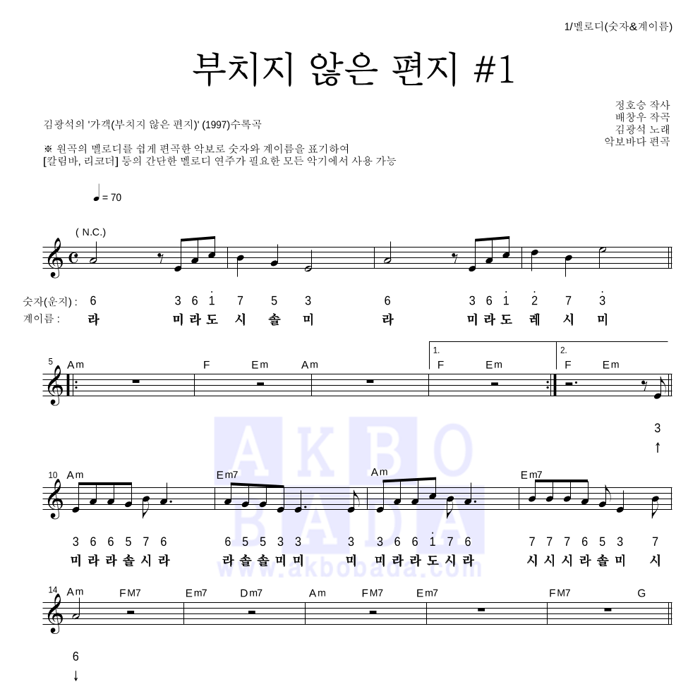 김광석 - 부치지 않은 편지 #1 멜로디-숫자&계이름 악보 