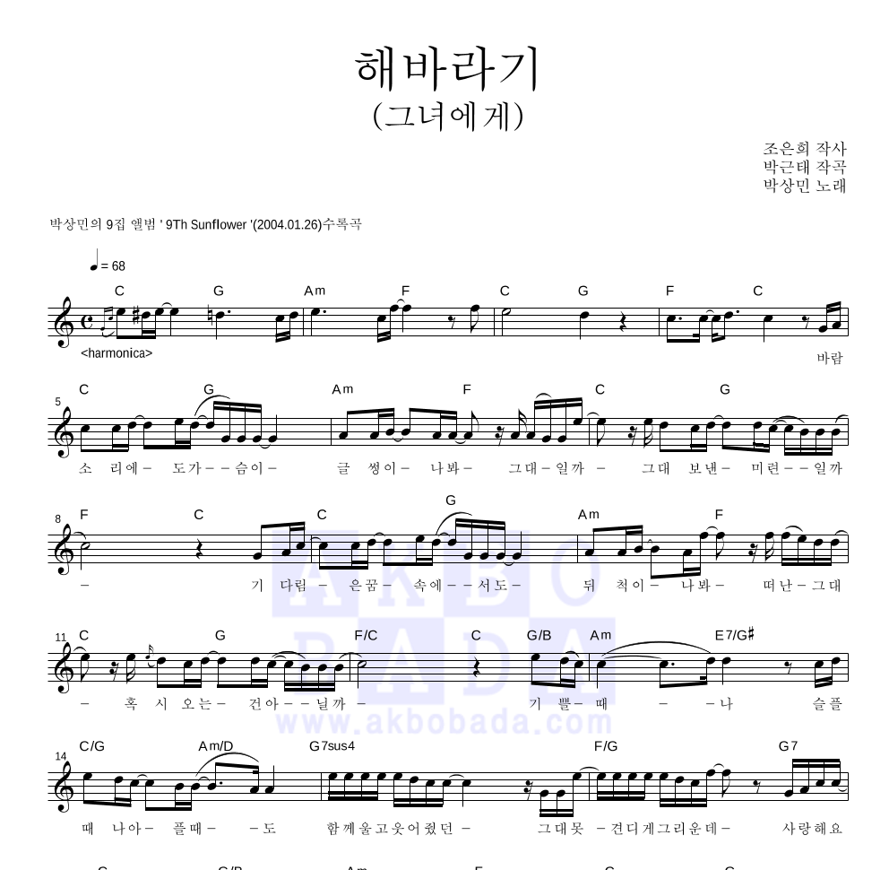 박상민 - 해바라기 (그녀에게) 멜로디 악보 