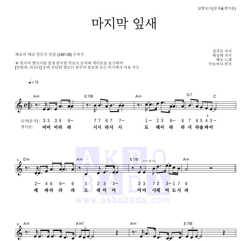 배호 - 마지막 잎새 멜로디-숫자&계이름 악보 