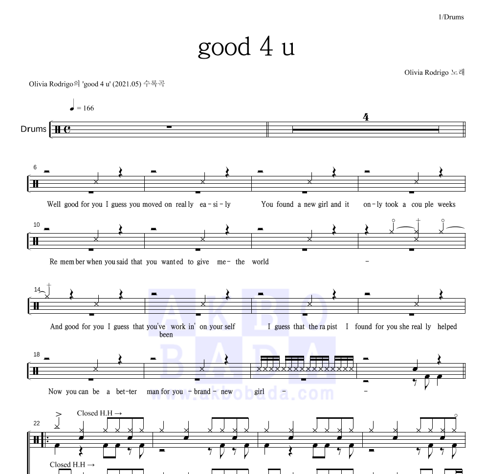 Olivia Rodrigo - good 4 u 드럼(Tab) 악보 