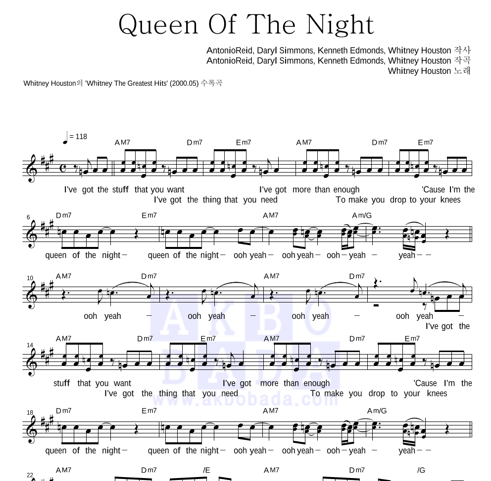 Whitney Houston - Queen Of The Night 멜로디 악보 