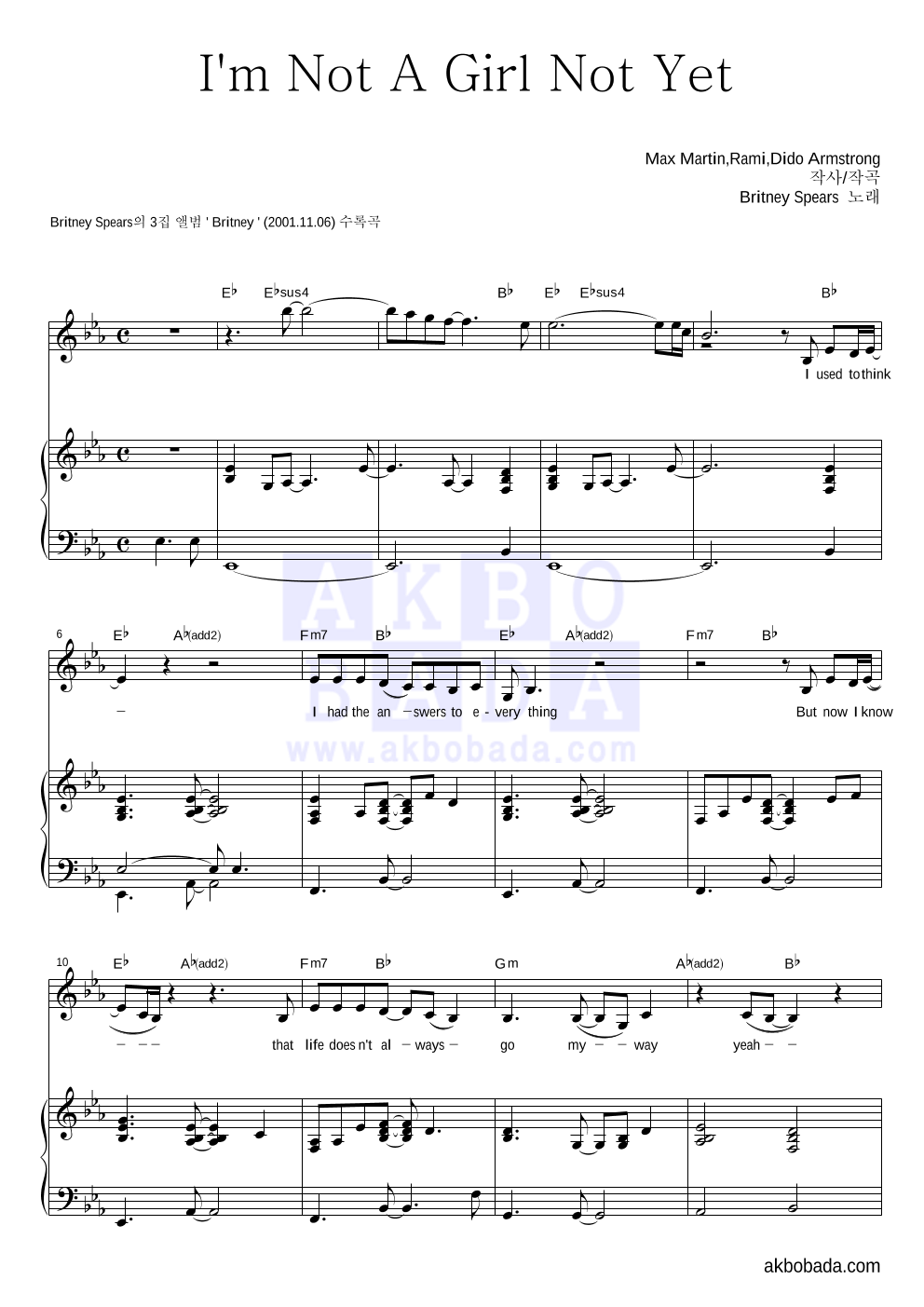 I'm Not A Girl, Not Yet A Woman Sheet Music, Britney Spears