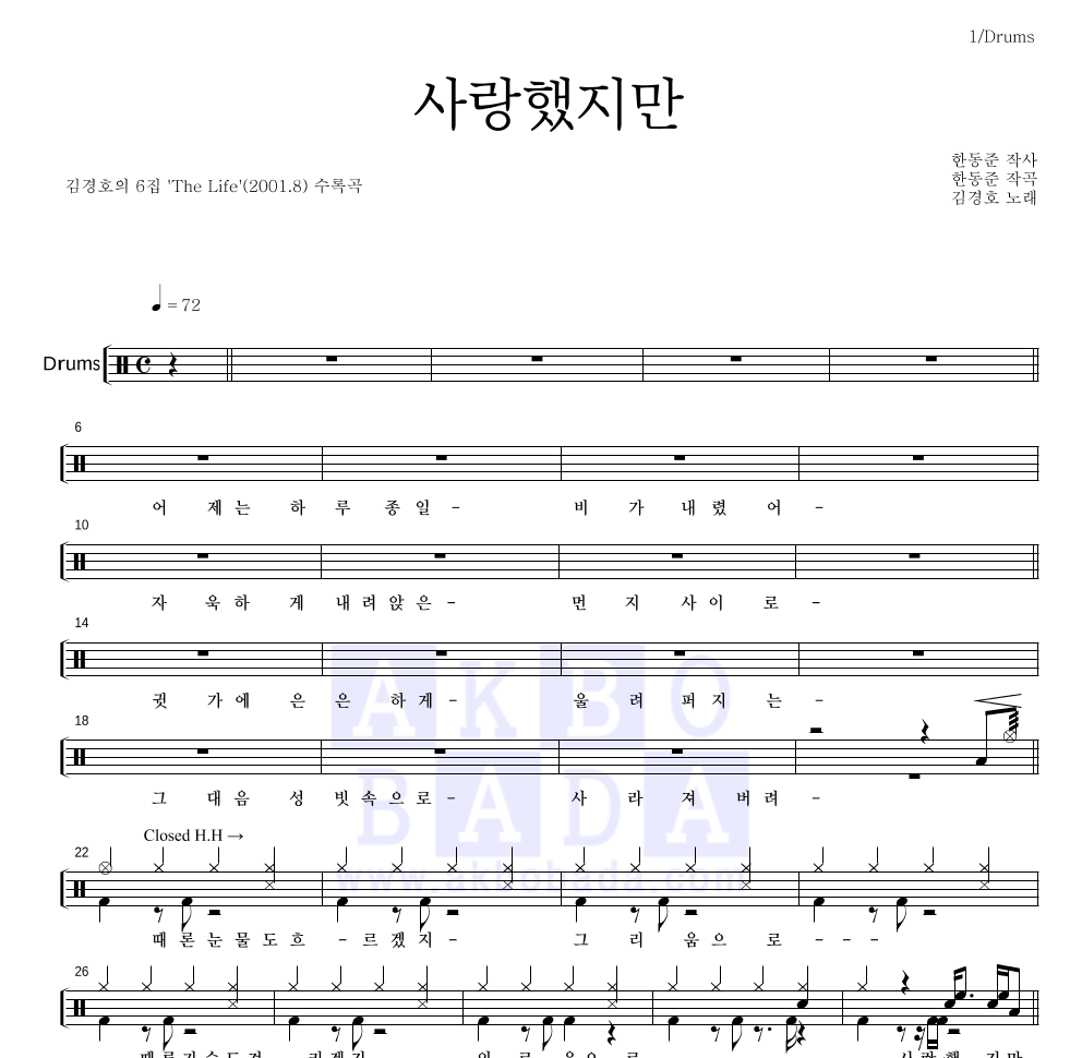 김경호 - 사랑했지만 드럼(Tab) 악보 