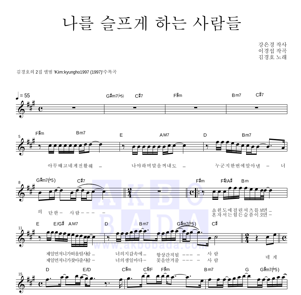 김경호 - 나를 슬프게 하는 사람들 멜로디 악보 