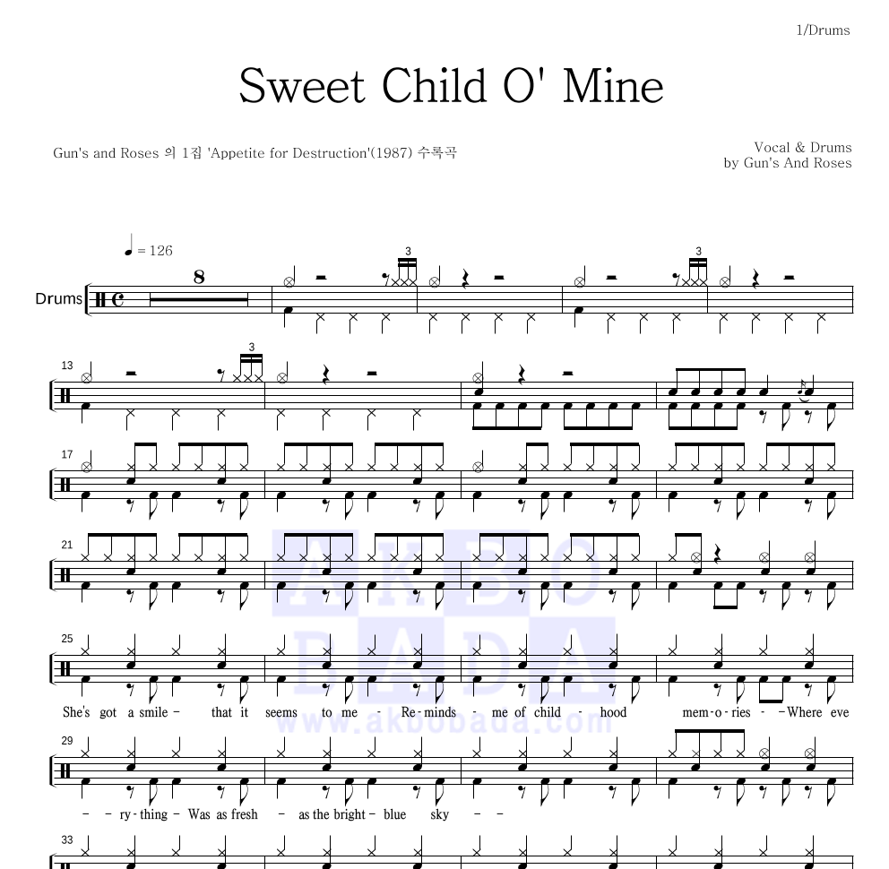 Guns N' Roses - Sweet Child O' Mine 드럼(Tab) 악보 