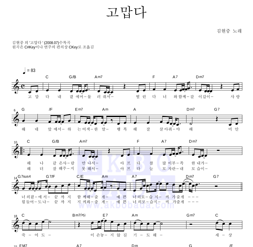 김현중 - 고맙다 멜로디 악보 