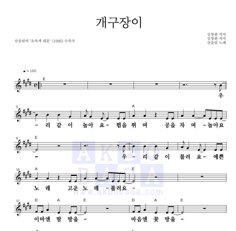 산울림 - 개구장이 멜로디 큰가사 악보 