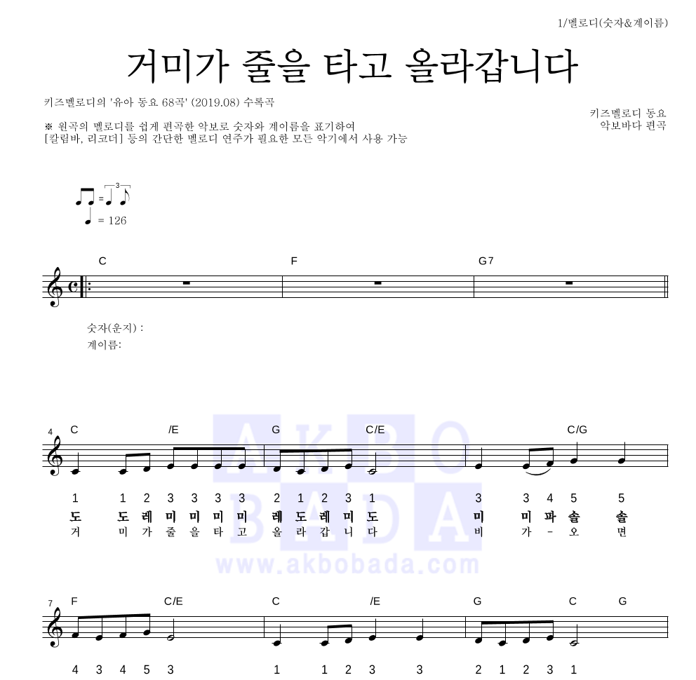 동요 - 거미가 줄을 타고 올라갑니다 멜로디-숫자&계이름 악보 