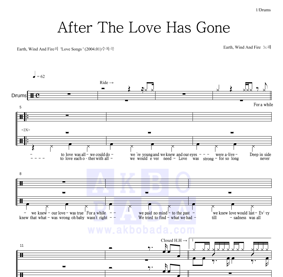 Earth, Wind & Fire - After The Love Has Gone 드럼(Tab) 악보 