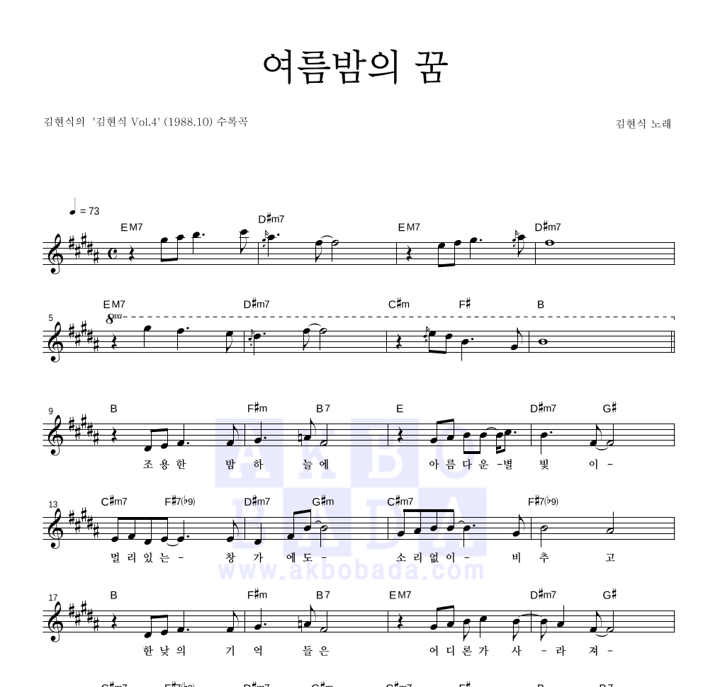 김현식 - 여름밤의 꿈 멜로디 악보 