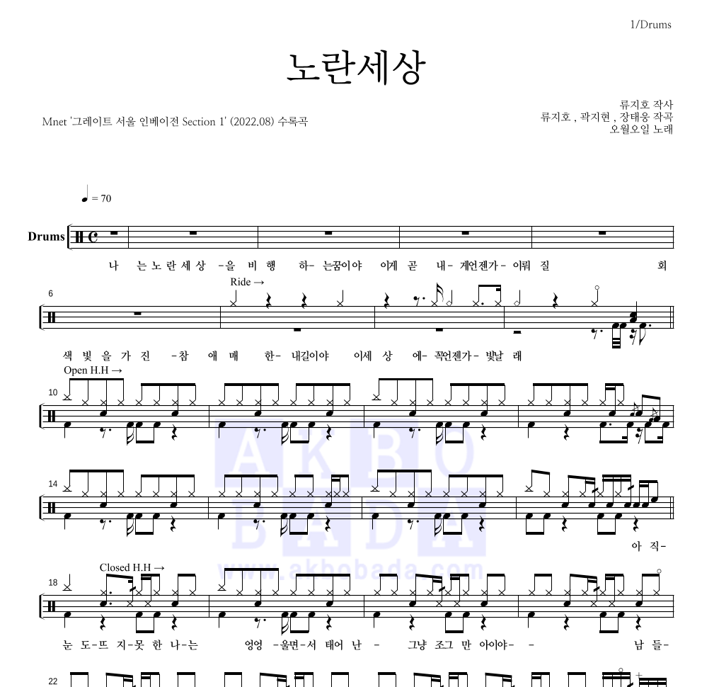 오월오일 - 노란세상 드럼(Tab) 악보 