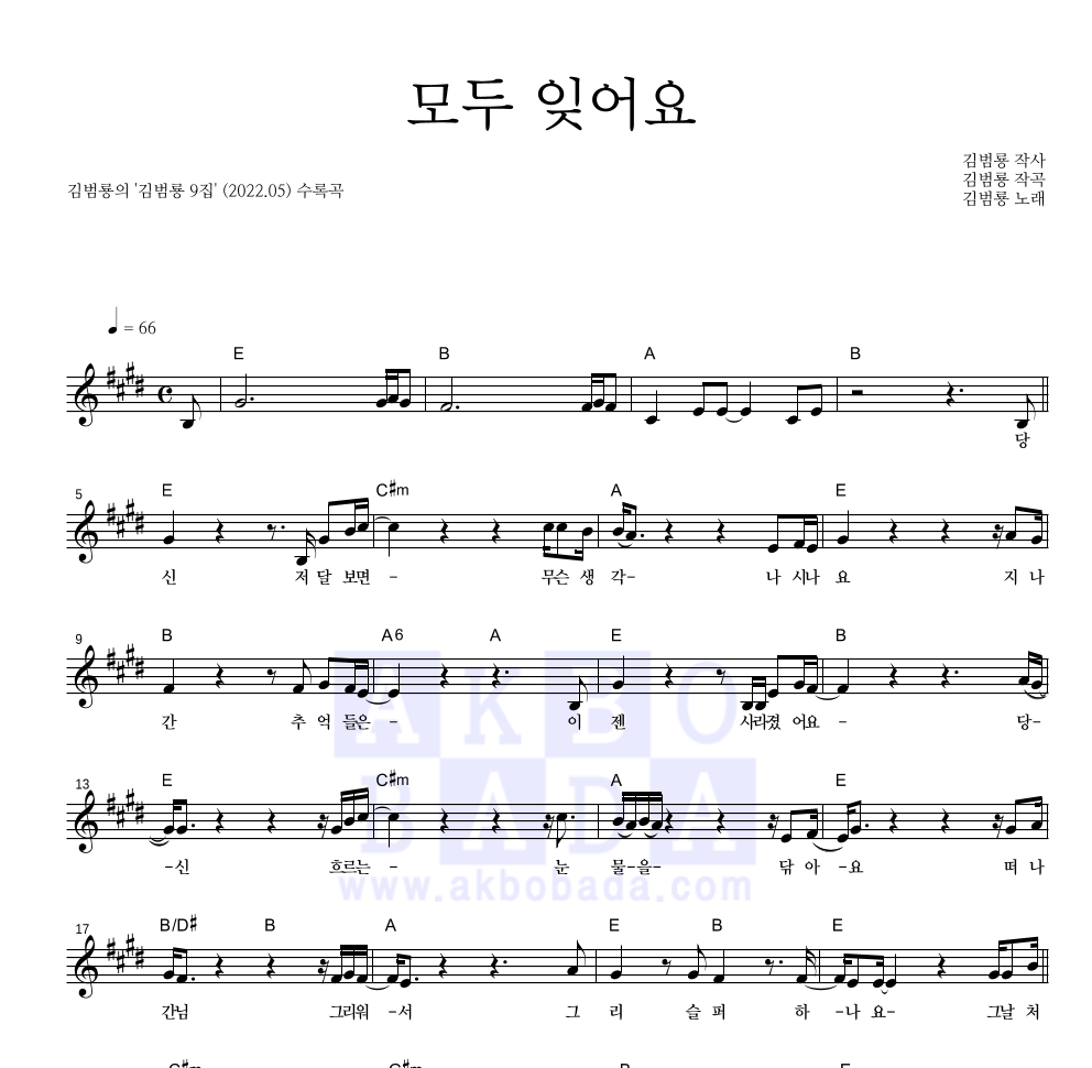 김범룡 - 모두 잊어요 멜로디 악보 