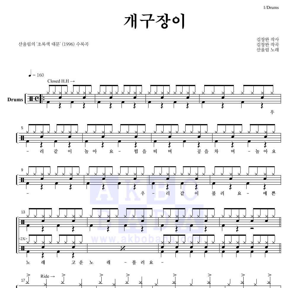 산울림 - 개구장이 드럼(Tab) 악보 