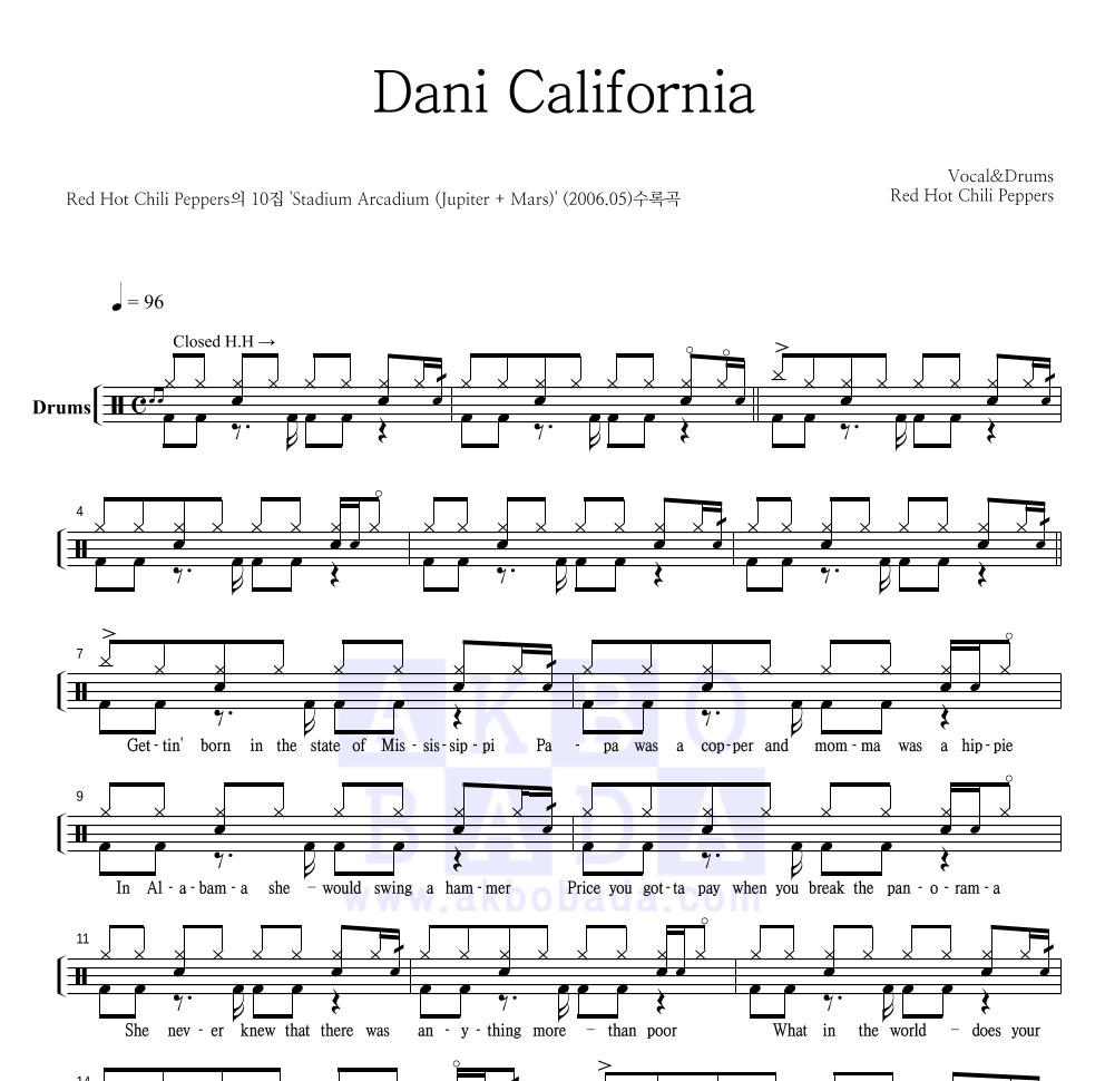 Red Hot Chili Peppers - Dani California 드럼(Tab) 악보 