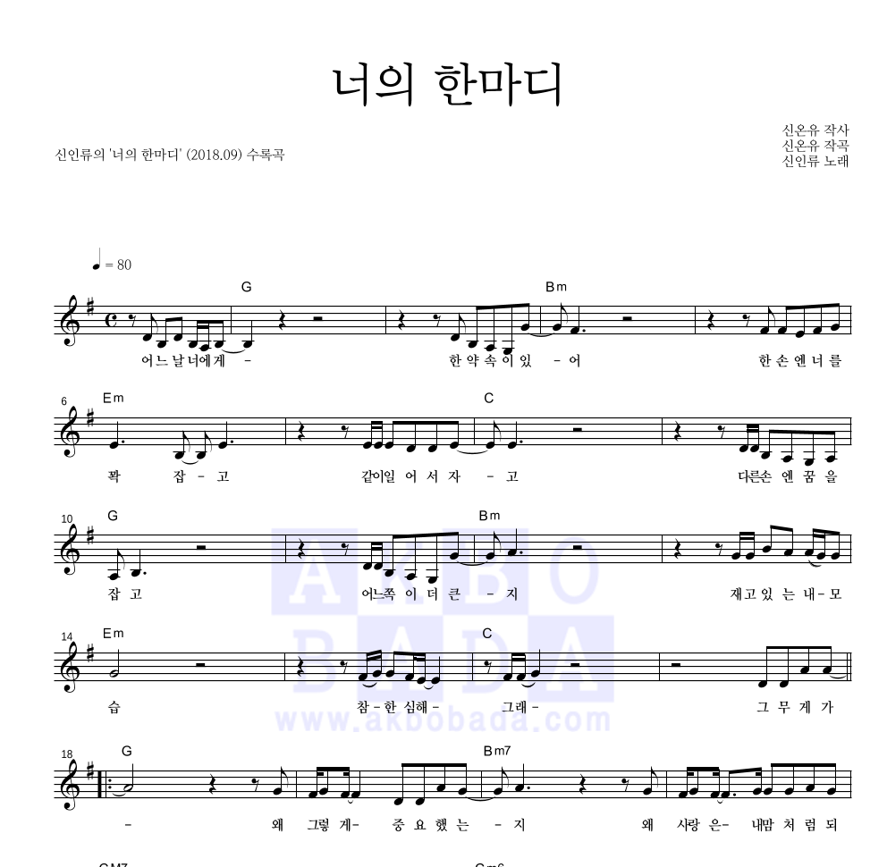 신인류 - 너의 한마디 멜로디 악보 